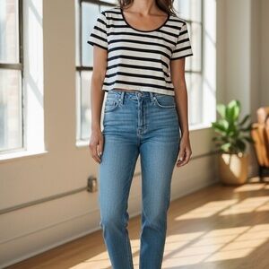 Express Navy and White Striped Short Sleeve Top